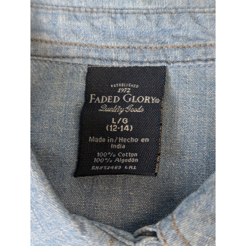 Faded Glory Womens Blue Chambray Short Sleeve Snap Button Down Shirt Large 12-14 - Picture 3 of 9